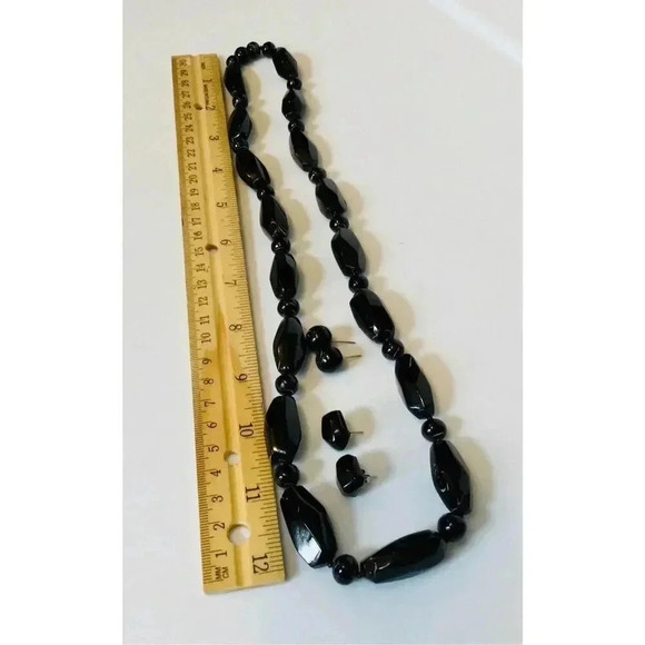 Vintage Black Onyx Beaded Necklace with Earrings Set 3 Piece Fashion Jewelry - Picture 7 of 9